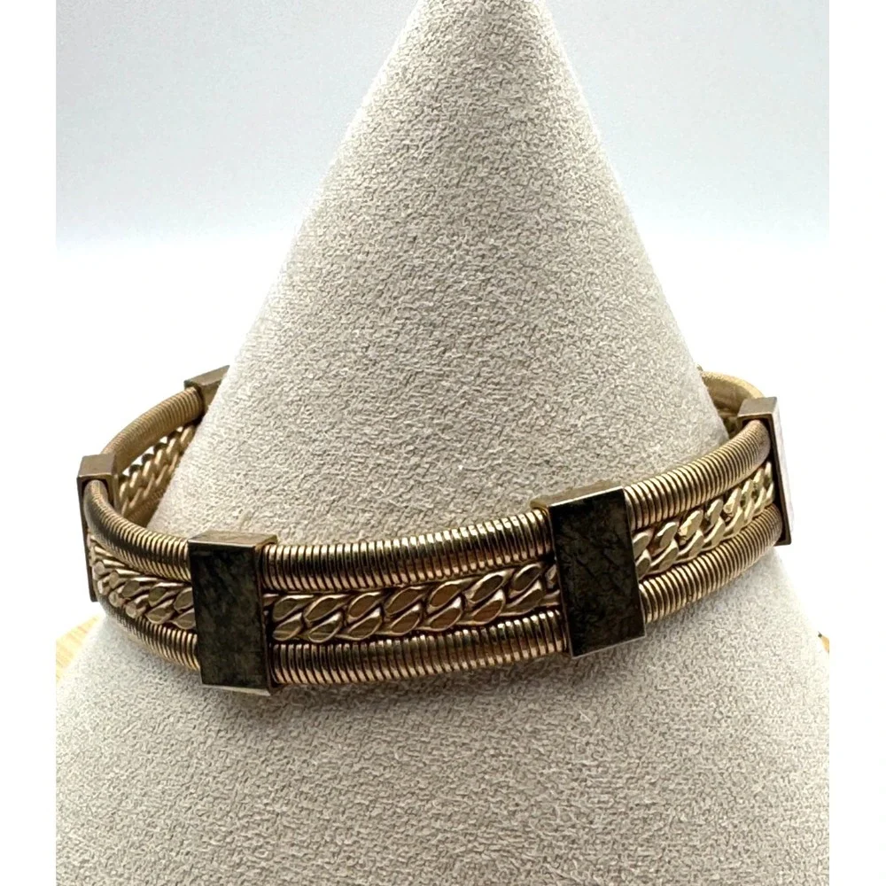 Vintage Mesh Bracelet Gold Tone Gaspipe Curb Chain Multi Strand Panel Link MCM